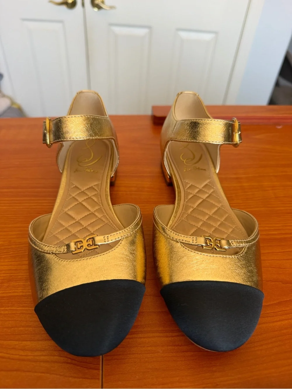 Sam Edelman Gold and Black Quilted Insole Ankle-Strap Flats NWOT